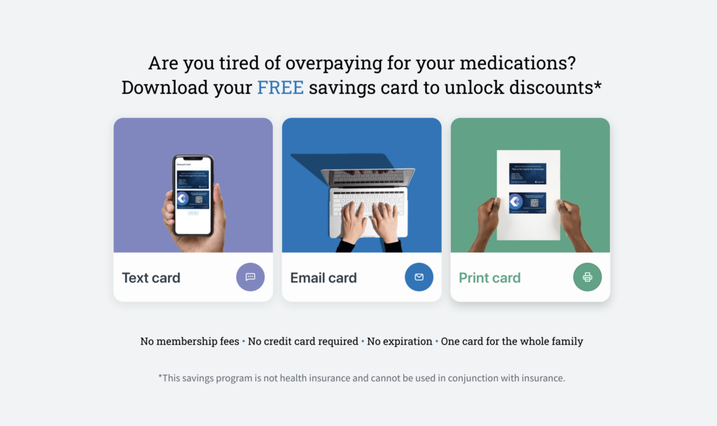 Capital Rx screen showing the ways Users can generate their own ID cards for pharmaceutical benefits.